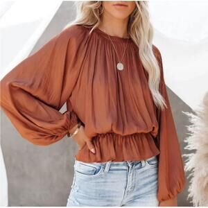 Collective Concepts Rust Long Sleeves Elastic Waist & Cuffs Peasant Blouse